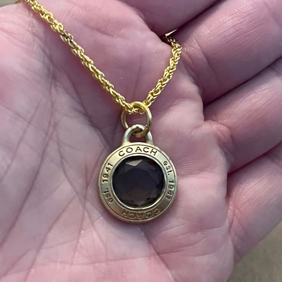 Coach Brushed Gold Bezel Set Purple Crystal Pendant 18k/.925 Sterling Necklace - Picture 6 of 6